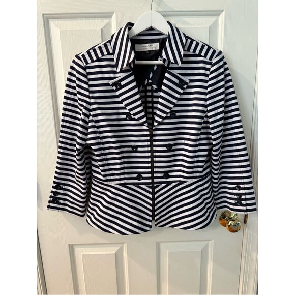 Tahari Navy & White Stripe Peplum Zip Up Origami Collar Jacket Blazer sz 12 NWOT - Picture 1 of 9